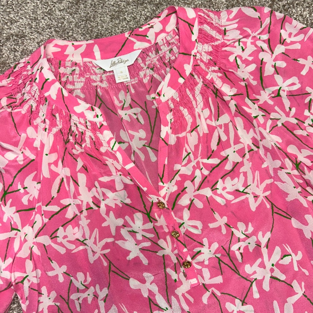 Lilly Pulitzer Elsa Silk Top Small Confetti Pink Liza Short Sleeve Blouse Floral